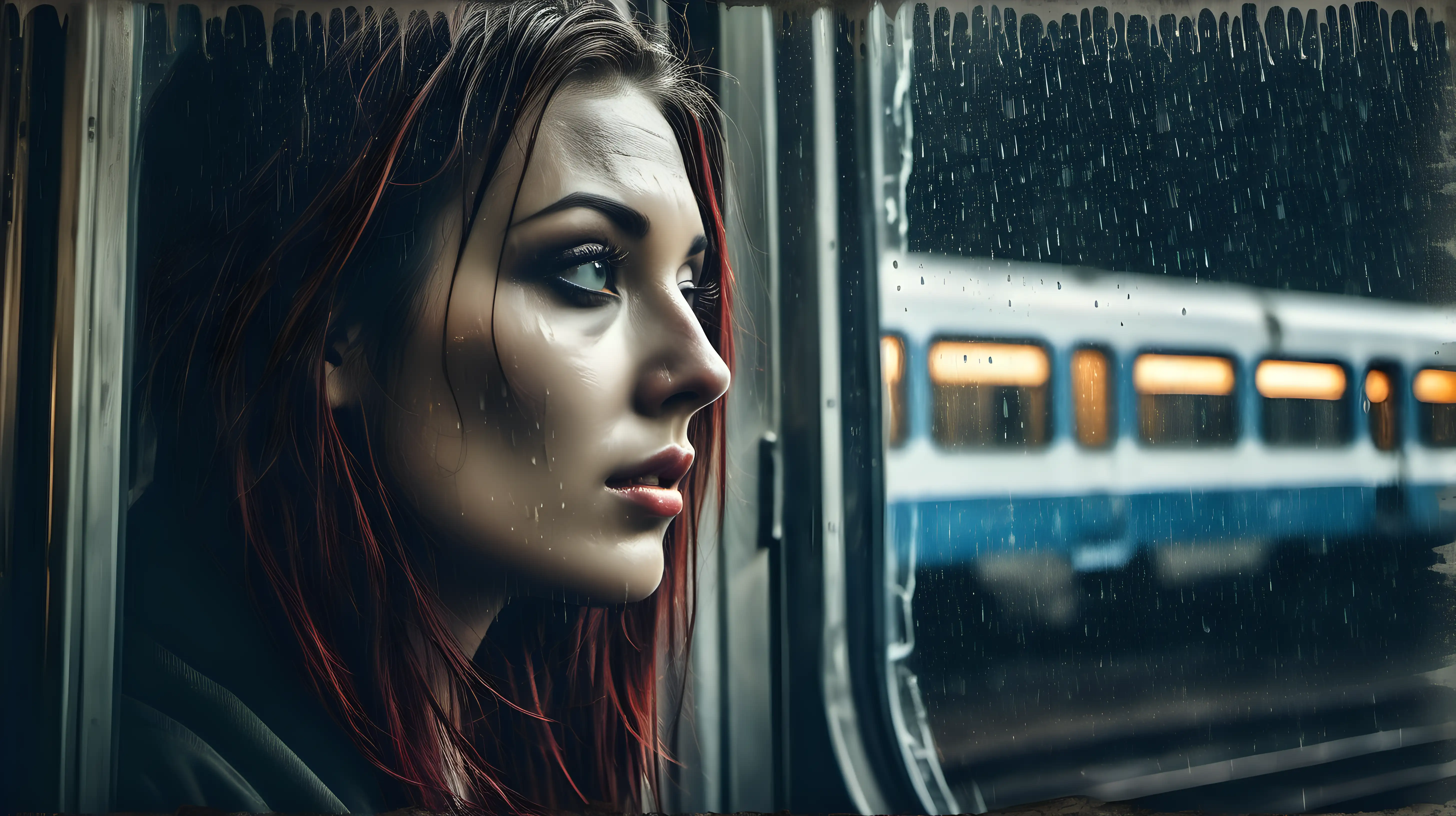 Lonely Elegance Woman Gazing Through RainStreaked Window at Departing Train