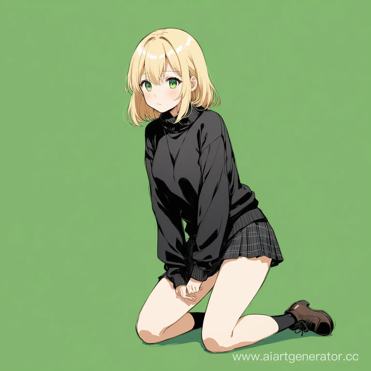 аниме девочка блондинка в чёрный свитере и юбке во весь рост стоит на зелёном фоне