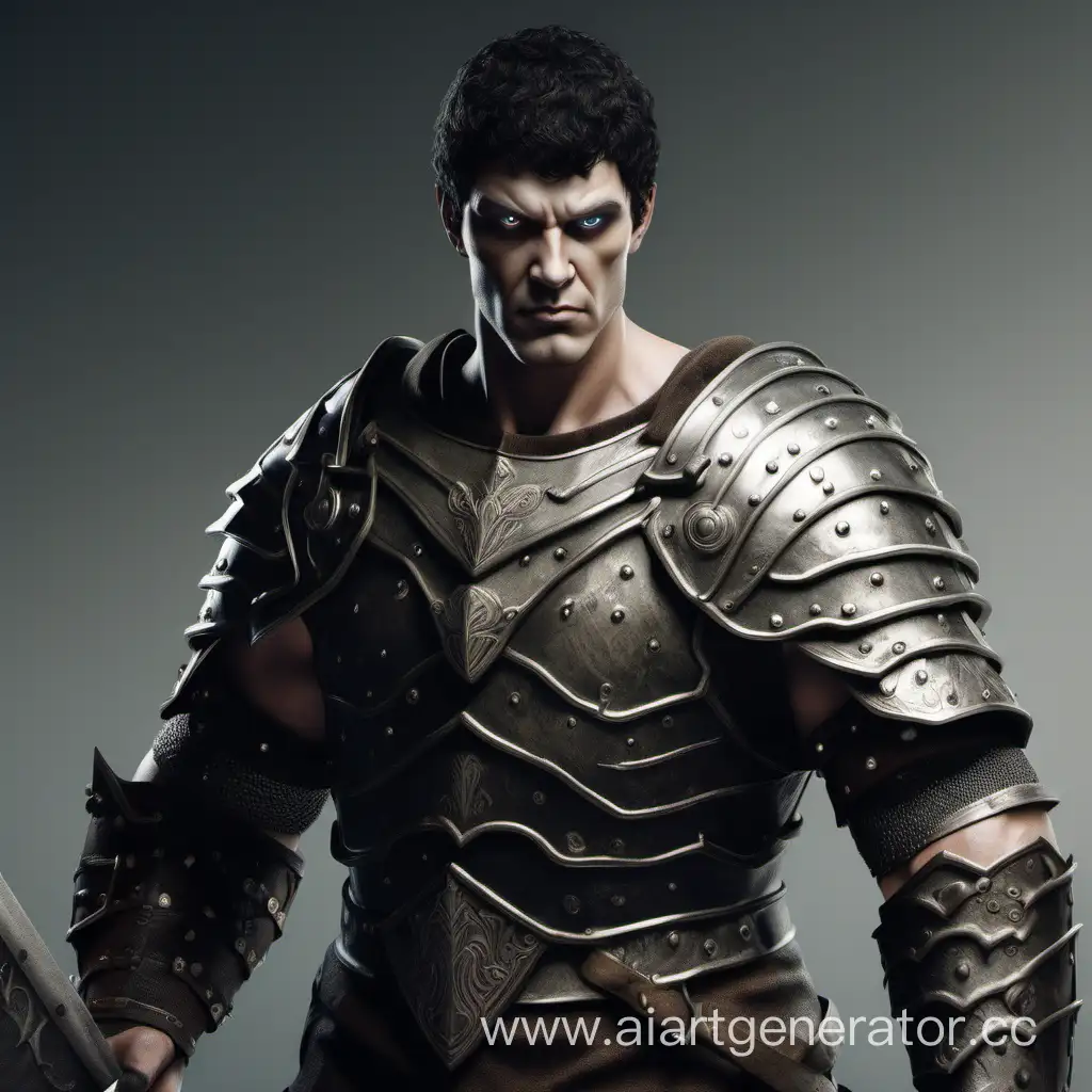 Голиаф, воин, 2 метра ростом, в кожанной броне , с серыми глазами и белой кожей, короткие чёрные волосы.
