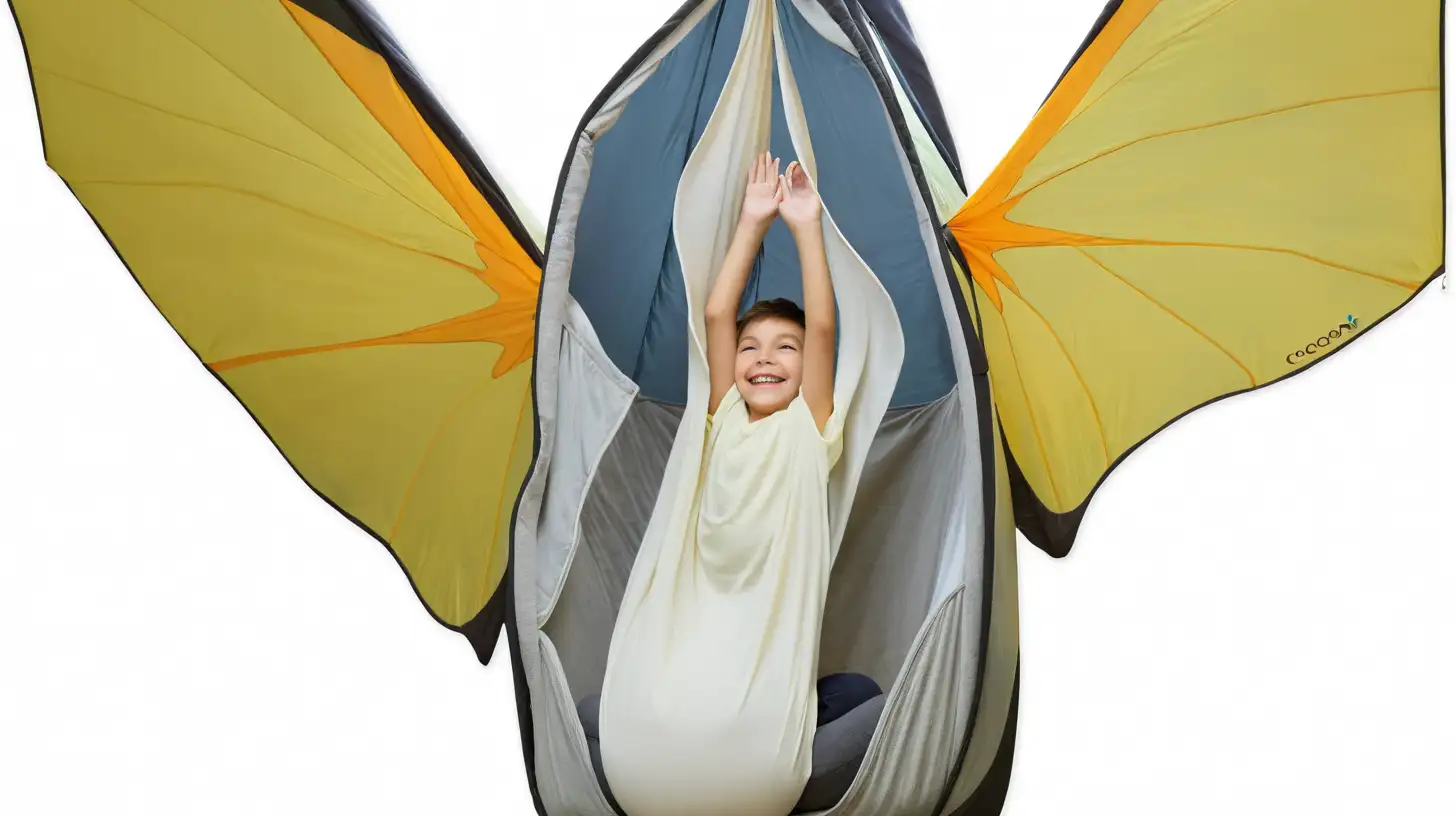 a smiling boy sitting inside the cocoon, a flying wings behind the cocoon