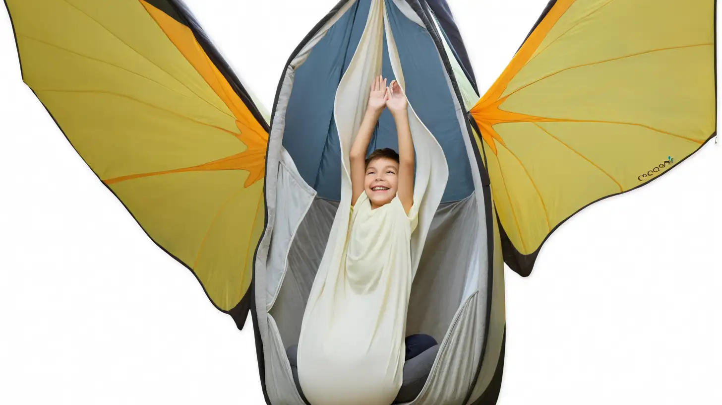 Cheerful Boy Enjoying Serene Cocoon with Angelic Wings MUSE AI