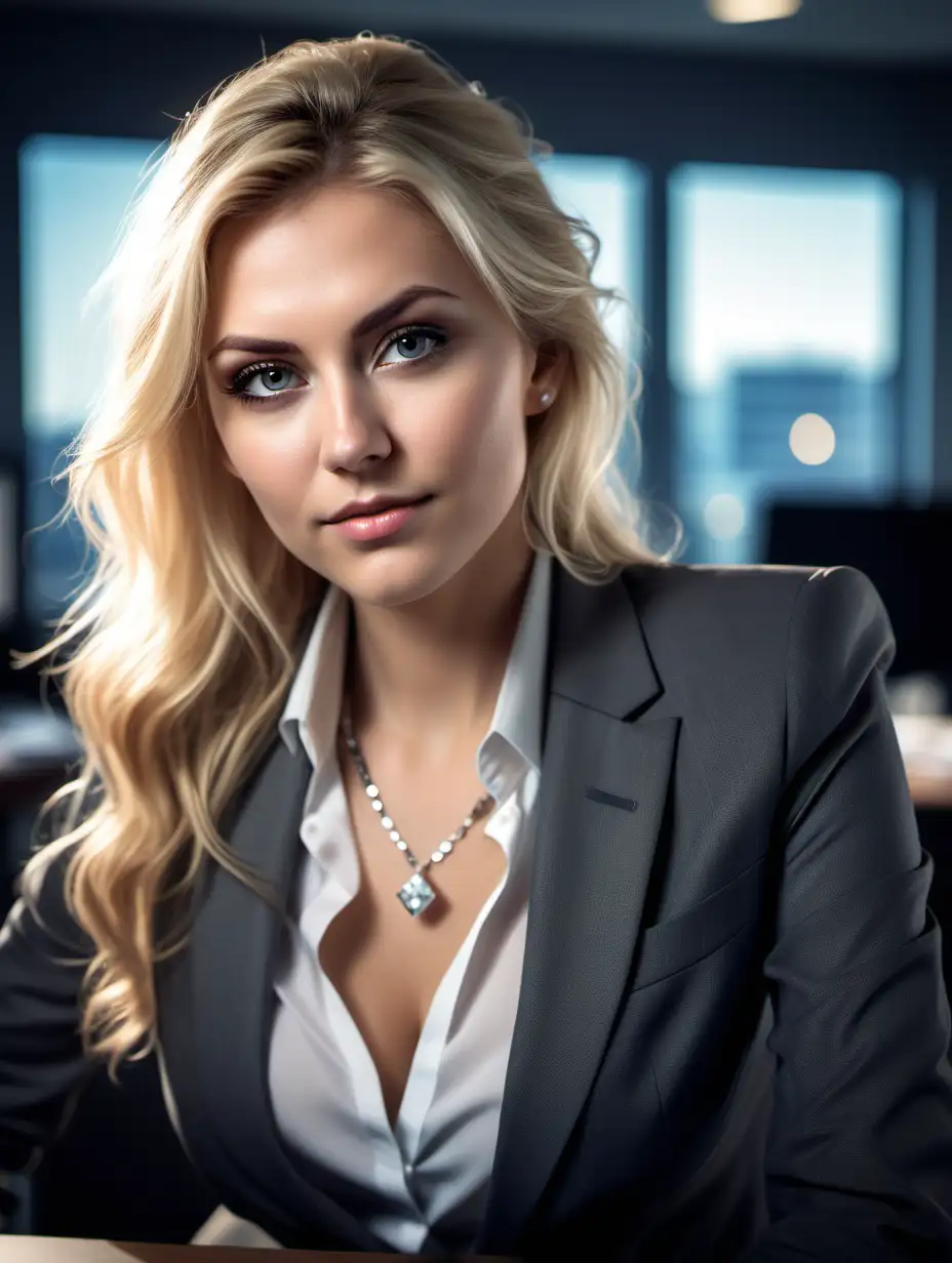 Beautiful Nordic woman, very attractive face, detailed eyes, big breasts, slim body, dark eye shadow, messy blonde hair, wearing a business suit, diamond necklace, close up, bokeh background, soft light on face, rim lighting, facing away from camera, looking back over her shoulder, sitting behind her Executive Desk, illustration, very high detail, extra wide photo, full body photo, aerial photo