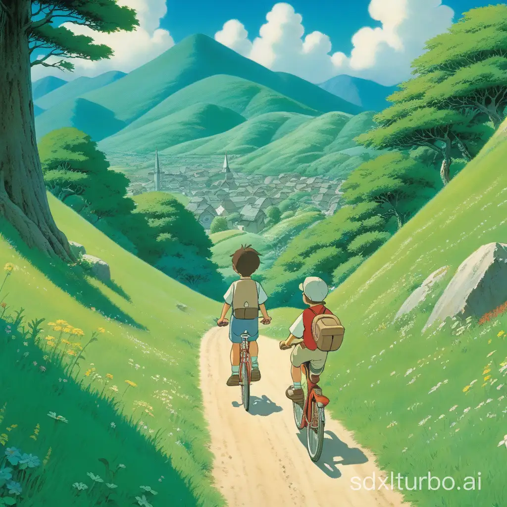 A boy riding a bicycle, walking into the depths of the mountains, the summer mountains are lush green, as if one is immersed in Hayao Miyazaki's animated world.