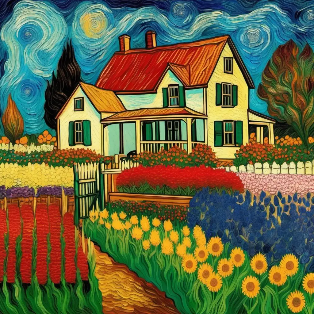 Rural Tranquility County Farm House and Flower Garden in Van Gogh Style