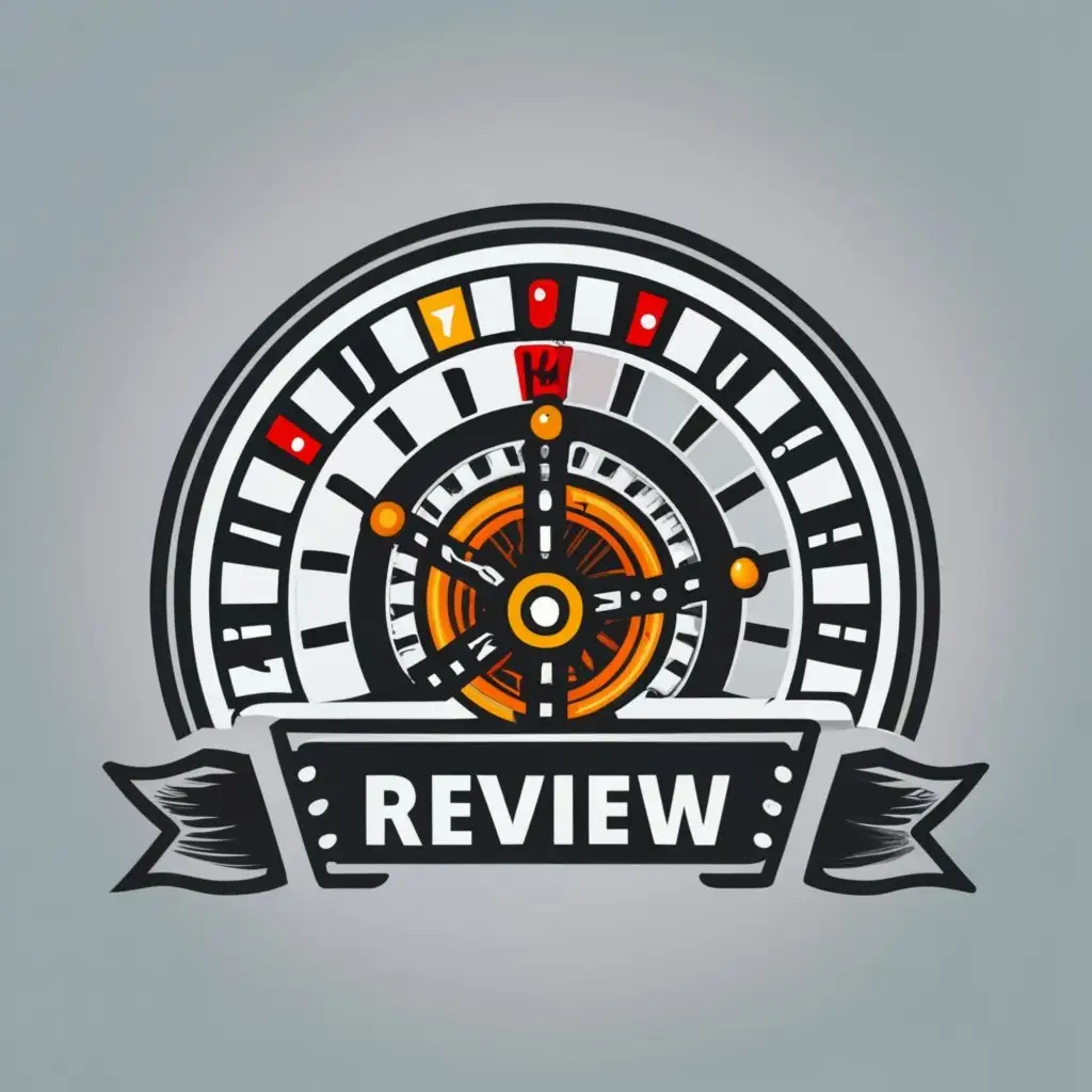 logo, roulette on a white background with black illustration and text, with the text "review", typography, be used in Entertainment industry