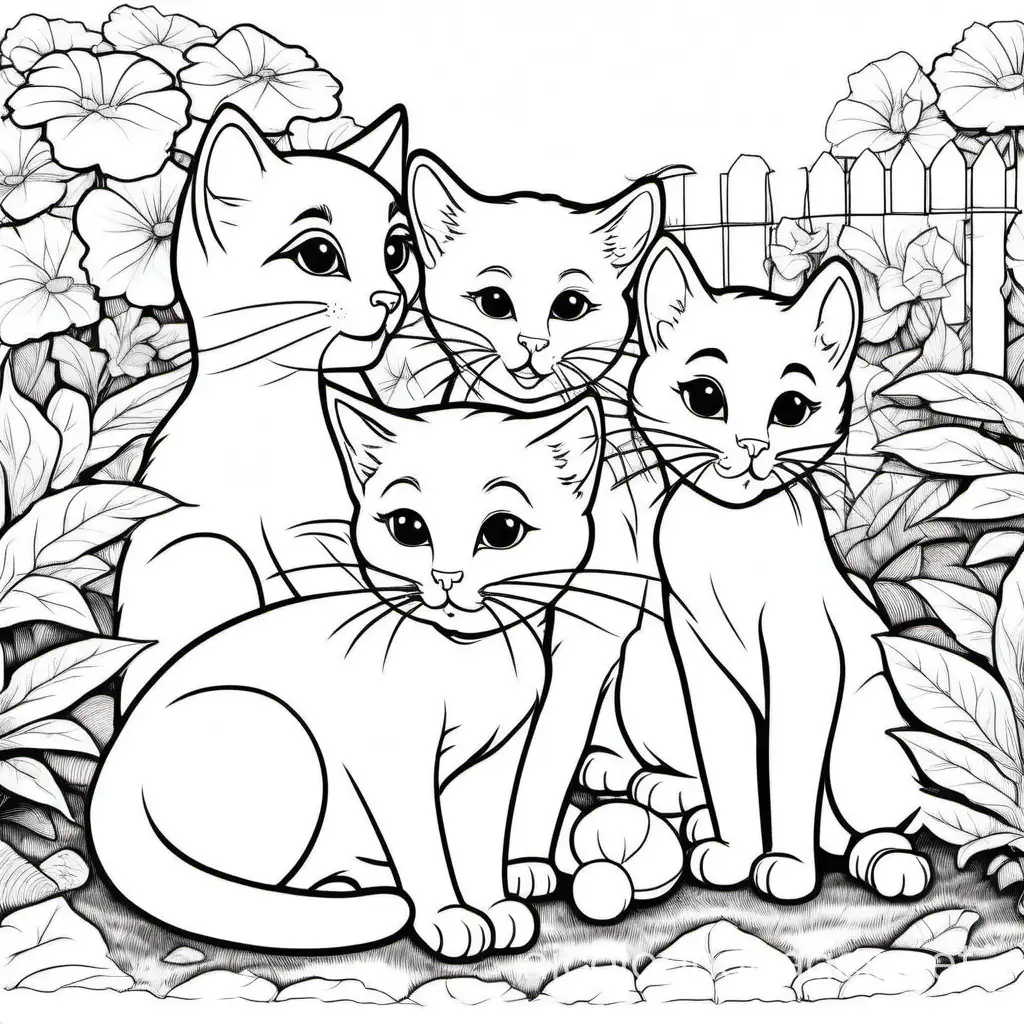 a cat with her four kittens play in garden, Coloring Page, black and white, line art, white background, Simplicity, Ample White Space. The background of the coloring page is plain white to make it easy for young children to color within the lines. The outlines of all the subjects are easy to distinguish, making it simple for kids to color without too much difficulty