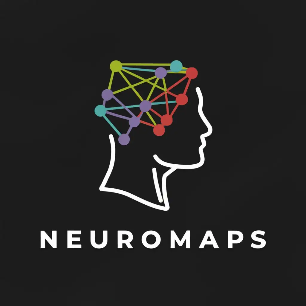 a logo design,with the text "neuromaps", main symbol:side profile of a person that is solid black but the brain is pastel colourful and there are thick connections,Minimalistic,be used in Education industry,clear background