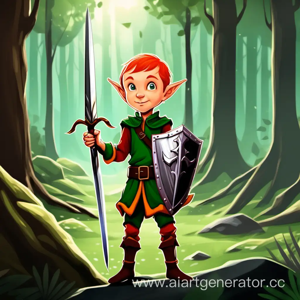 Юный Маленький эльф без бороды с мечём и щитом на фоне леса. 