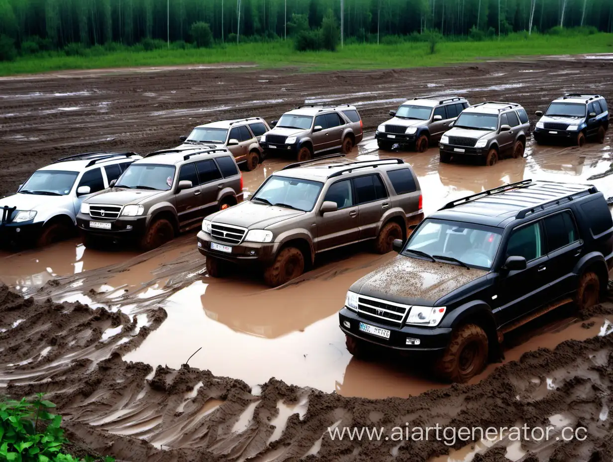 Several SUVs in the mud, Russian nature