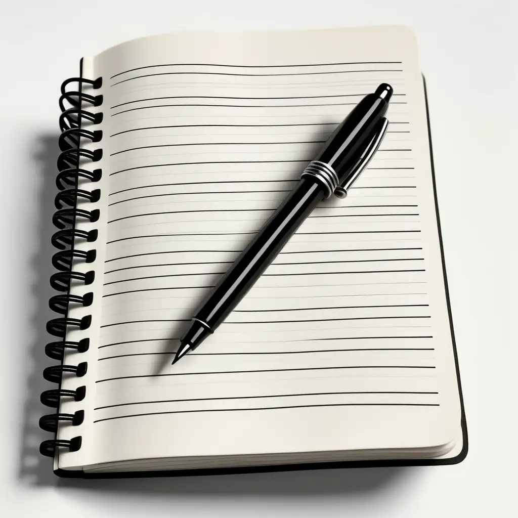 black and white, [lined pages in a journal with a pen], simple, white background, cartoon like