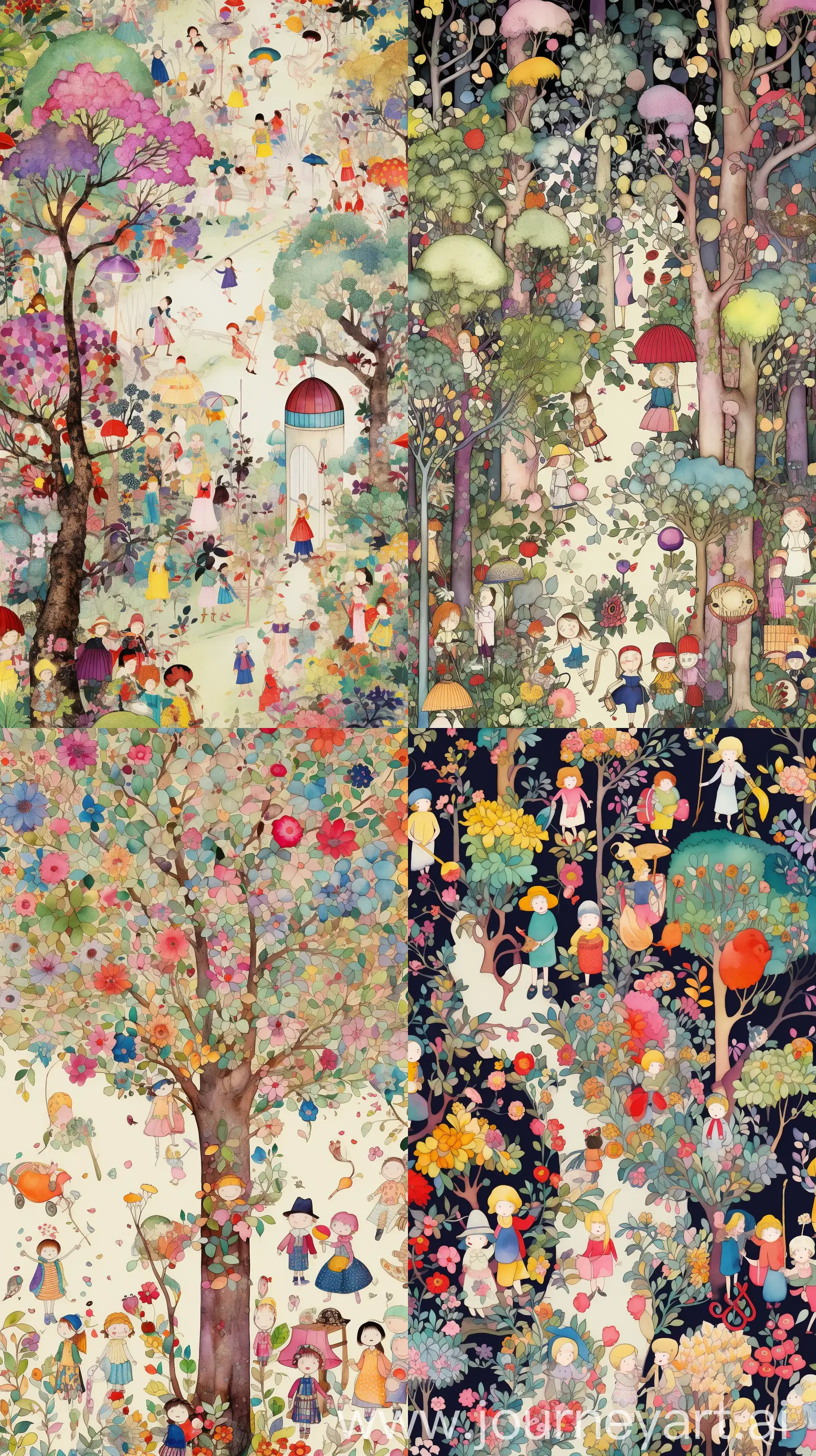 Create a whimsical wallpaper in the style of Henry Darger, featuring the Vivian Girls in an enchanted forest. The scene is full of otherworldly flora and fauna with a vibrant color palette that brings the mystical world to life. The art should be both captivating and serene, ideal for a phone wallpaper that invites the viewer into a Darger-esque fantasy. --ar 9:16 --v 5.2