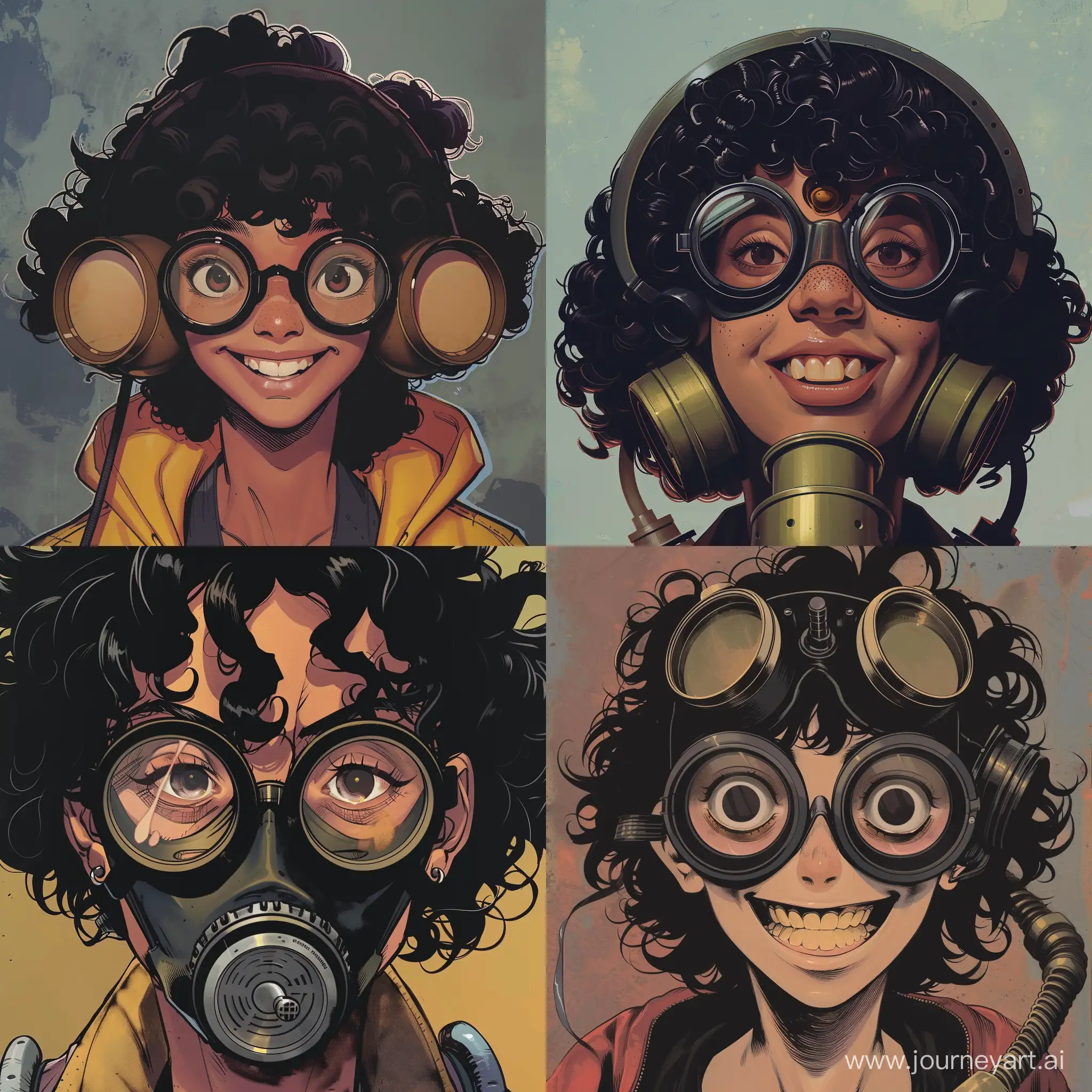 Smiling-Woman-with-Medium-Permed-Hair-and-Round-Glasses-Wearing-Gas-Mask-Comic-Art