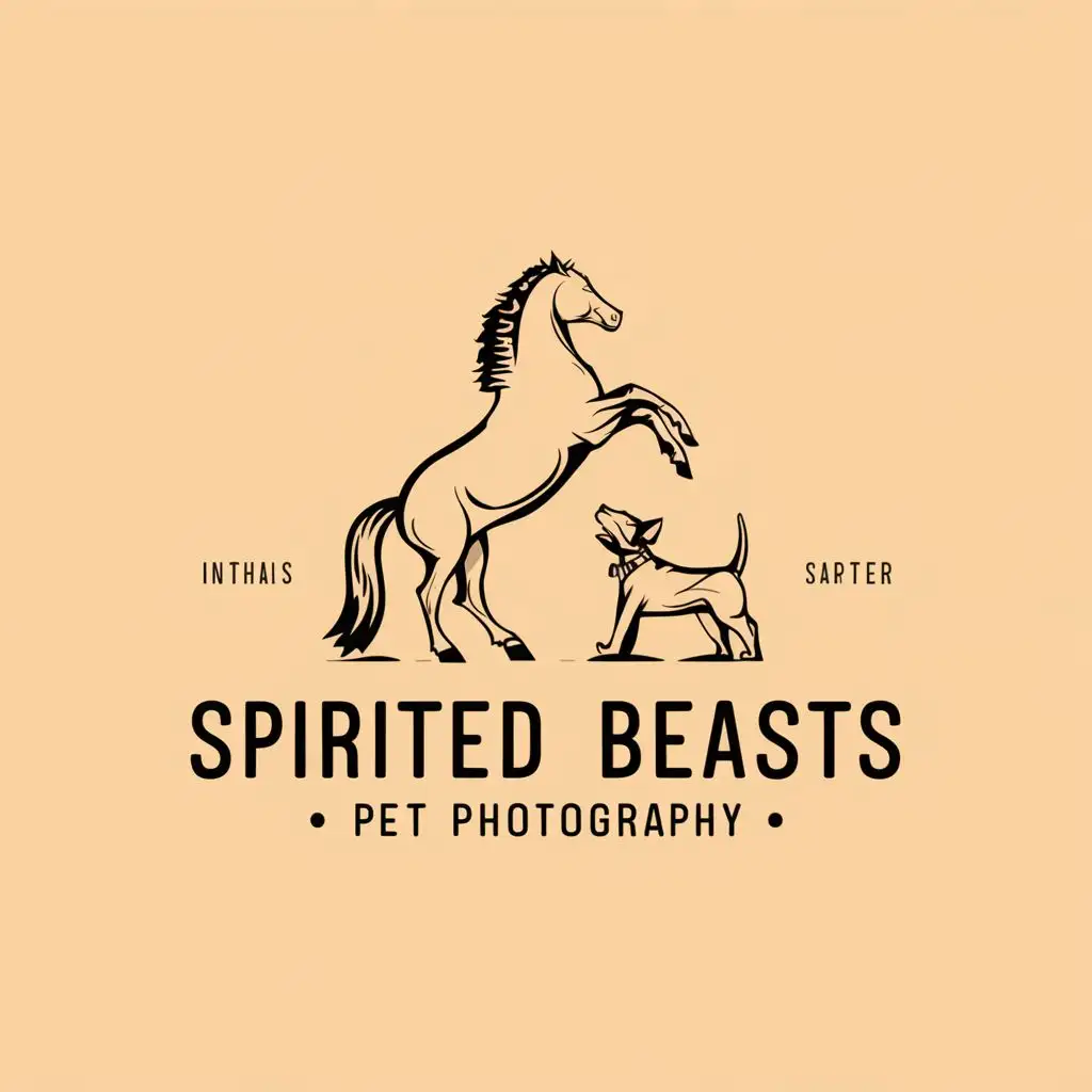 LOGO-Design-For-Spirited-Beasts-Pet-Photography-Vintage-Rearing-Horse-and-Playful-Dog-Thin-Line-Art