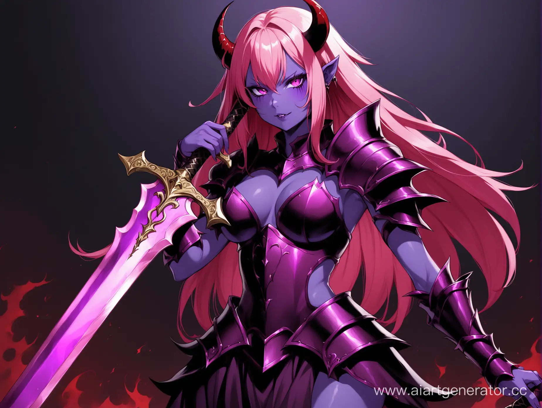 Демоница, лет 30, фиолетовая кожа, розовые волосы, в темно-фиолетовой броне, держит демонический меч фиолетового цвета