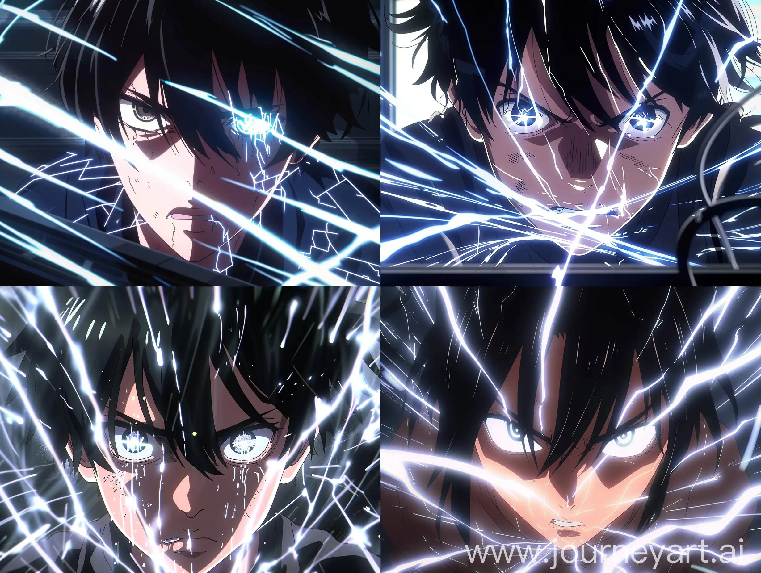A close-up vertical anime thumbnail of a young man with black hair, intensely focused on a computer screen. His eyes glow brightly, emanating streaks of light that illuminate his face and surroundings. 