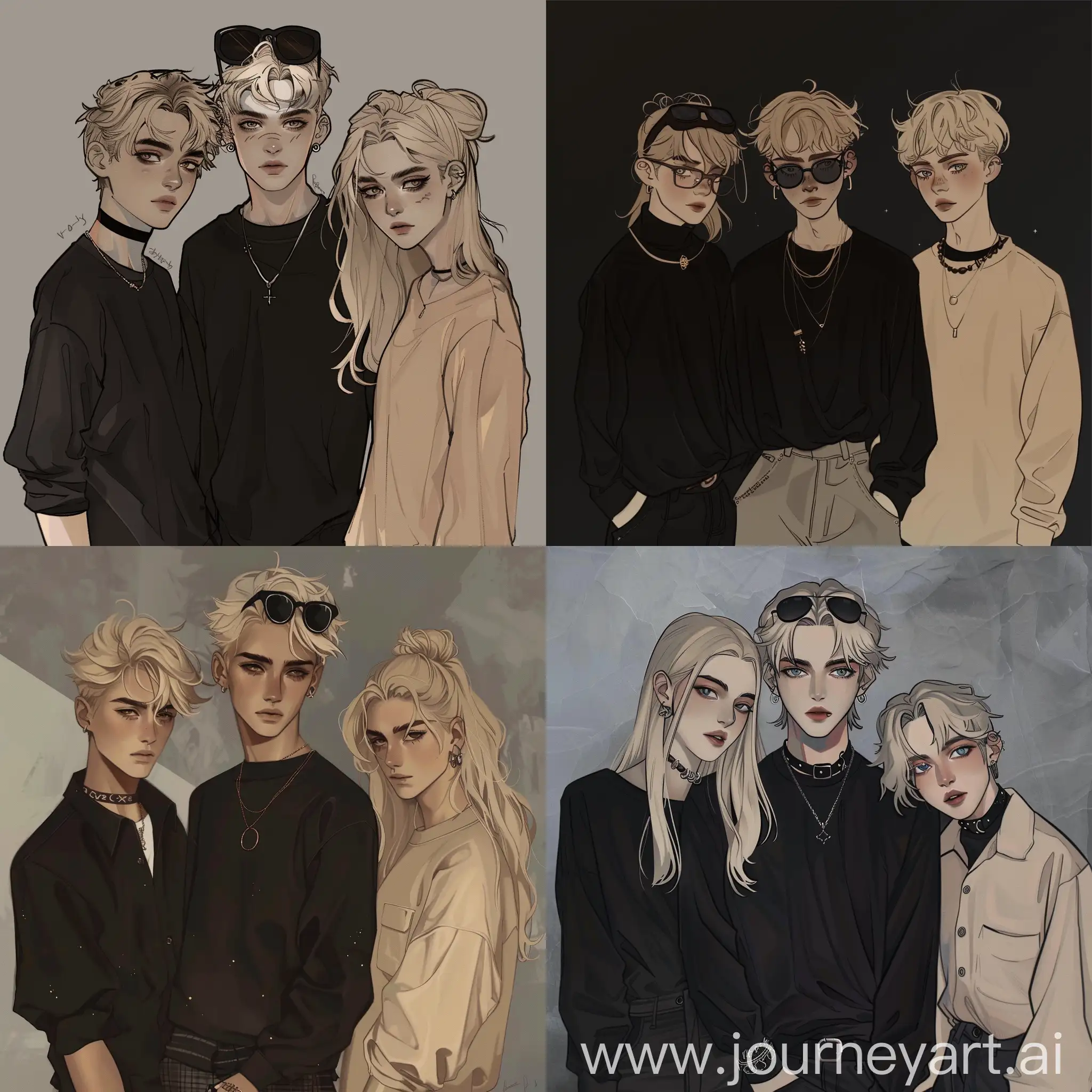 three teenagers, dark theme, teenagers, animated drawing, three of them are blonde, two boys and one girl, the one boy wears all black and glasses on his head, the other boy wears light colors, rings, aesthetic