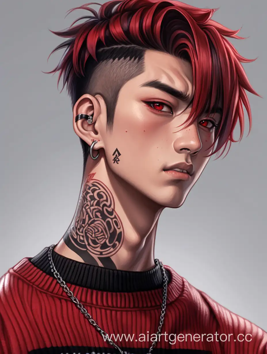 A young guy with short hair, one side of his hair is red, the other black, his temples are shaved. The eyes are red, Asian type. Piercing on the lower lip. On the neck is a tattoo with the inscription "Hypocrisy". Dressed in a striped red and black sweater, slightly torn, with rings on his fingers.