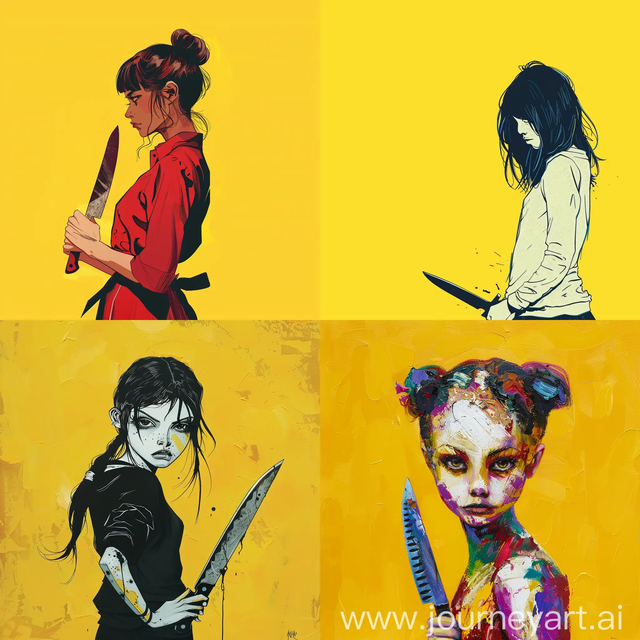 A girl with knife, yellow background