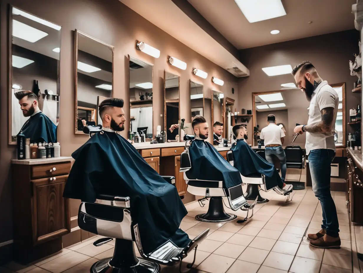 Expert Barber Providing Haircuts with Waiting Customers