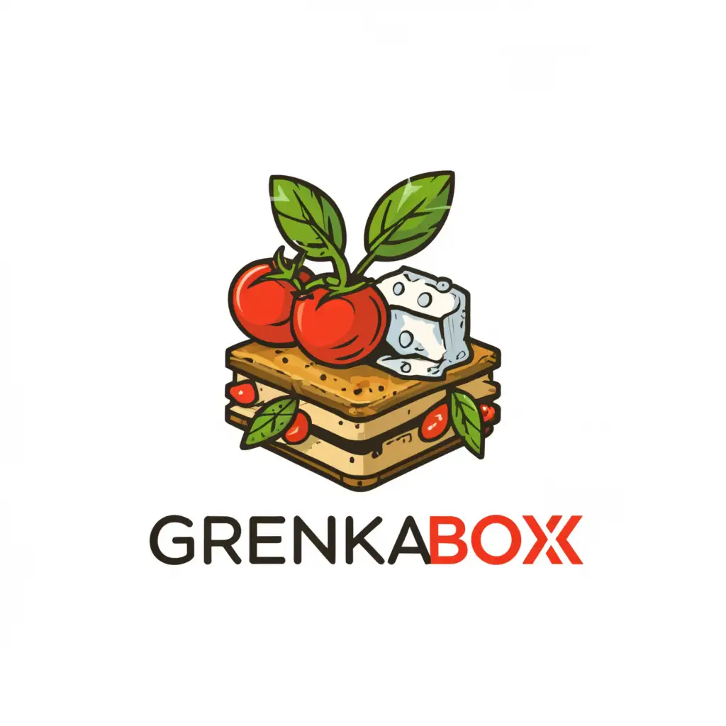 a logo design,with the text "GrenkaBox", main symbol:Cherry tomato, brie cheese, dorblu, crouton, basil, Parma ham, on a white background,Сложный,be used in Рестораны industry,clear background