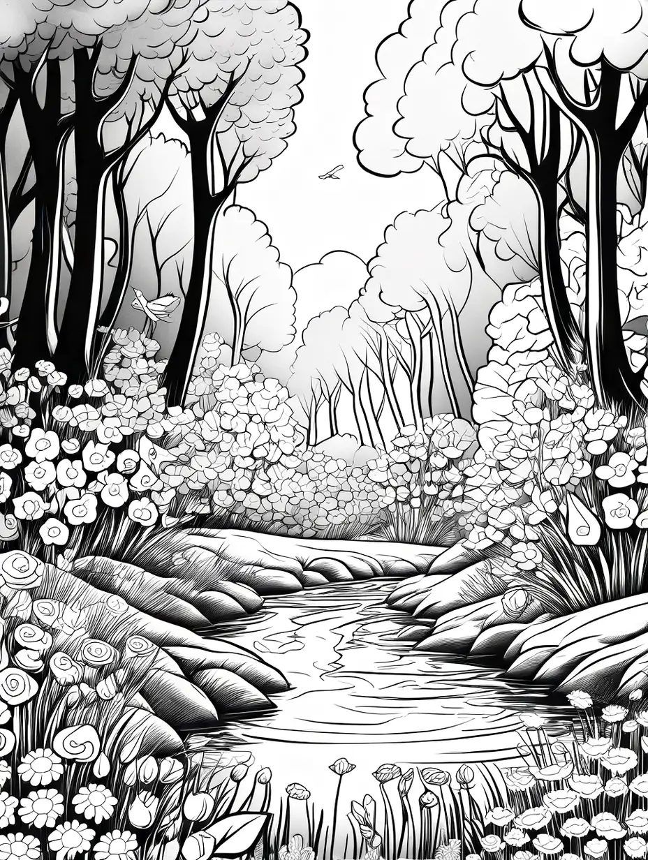 Joyful Spring Forest Scene for Kids Coloring Book