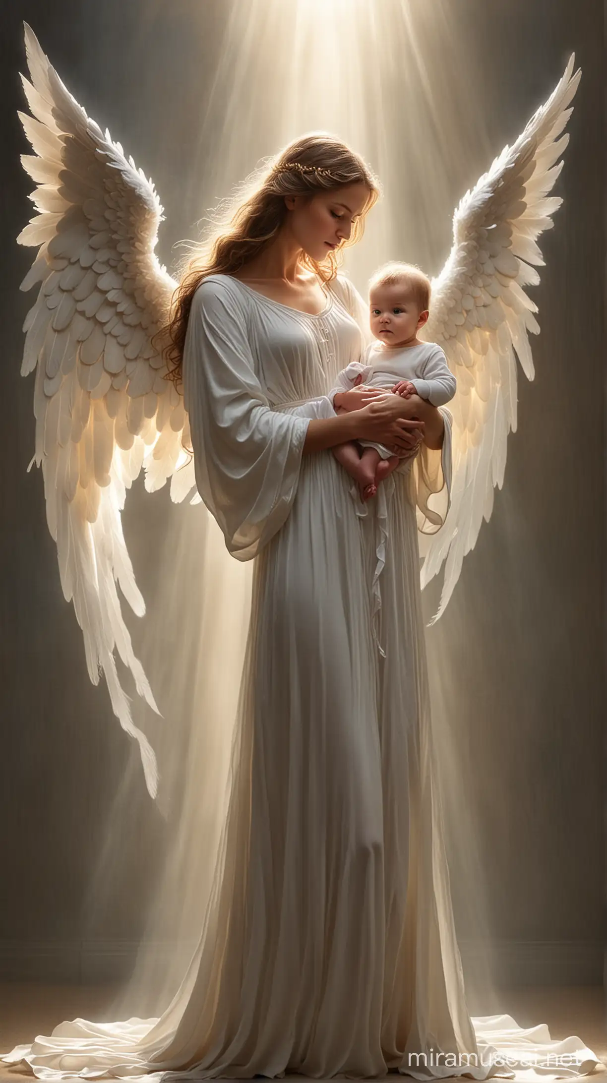 The angel of love stands firmly beside the baby, with light shining from her hands, sheltering and protecting from the darkness.