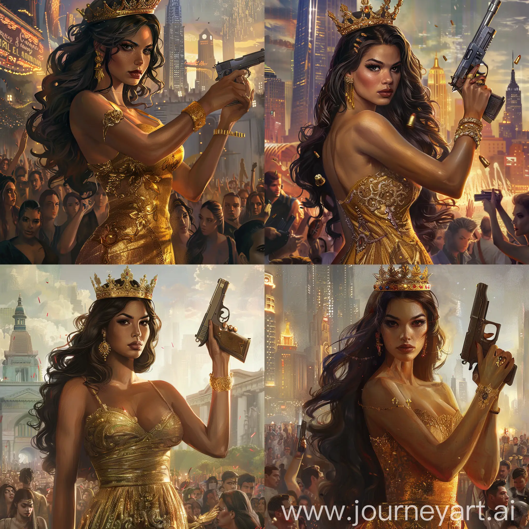 A woman wearing a crown and gold dress holds a gun. She has long, dark hair and is wearing a gold bracelet and earring. She stands in front of a crowd and a city skyline.