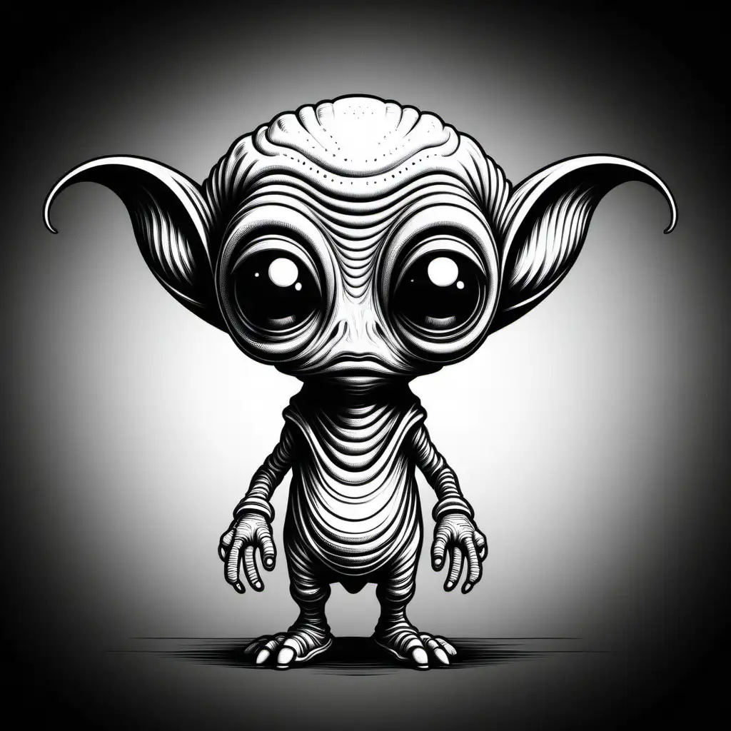 funny alien creature, line work black and white
