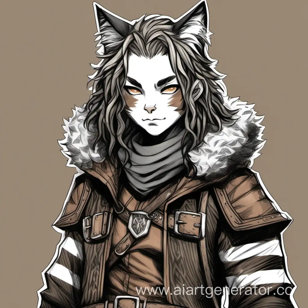  catman, with dreadlocks of medium length, brown, fluffy cat ears, human face, medium chest, young, ranger, stripes on the skin, fluff, dnd, girl, leather black clothing, sketch, The mantle