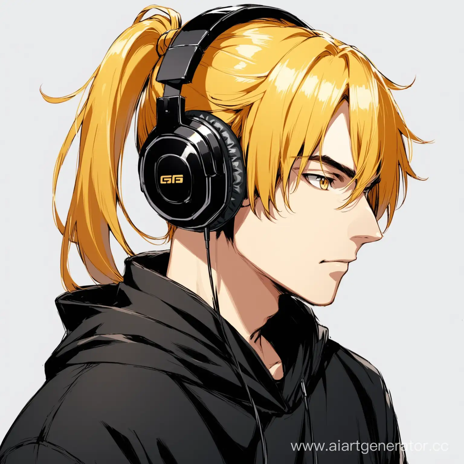 Stylish-Man-with-Golden-Ponytail-and-Headphones-in-Black-Attire