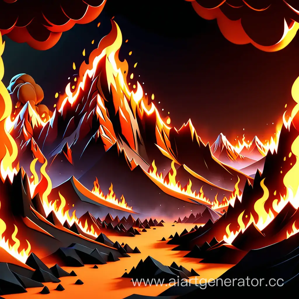 Сгенерируй фон для игры, на фоне горящие горы в мультяшном стиле в 3D