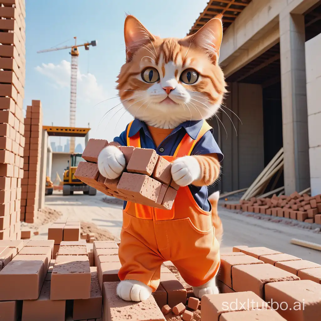 The cat is moving bricks at the construction site, wearing work clothes