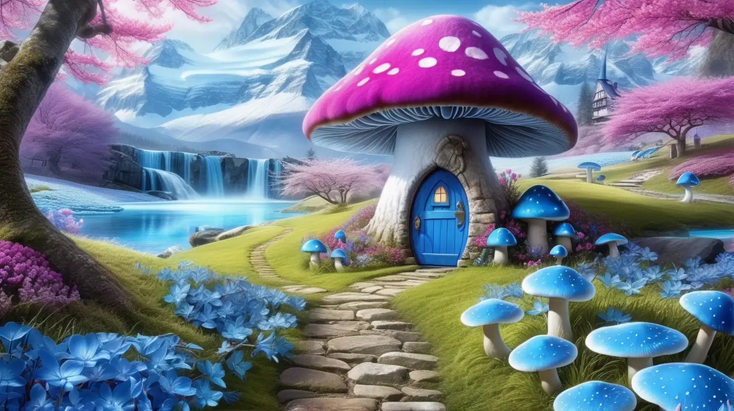 Magical Fairytale blue moss-blue flowers-covered mushroom-cottage by a magical magenta moat and Blue and Pink fairytale-magical-glowing-mushrooms and cherry blossoms and ice glaciers and torches leading a path