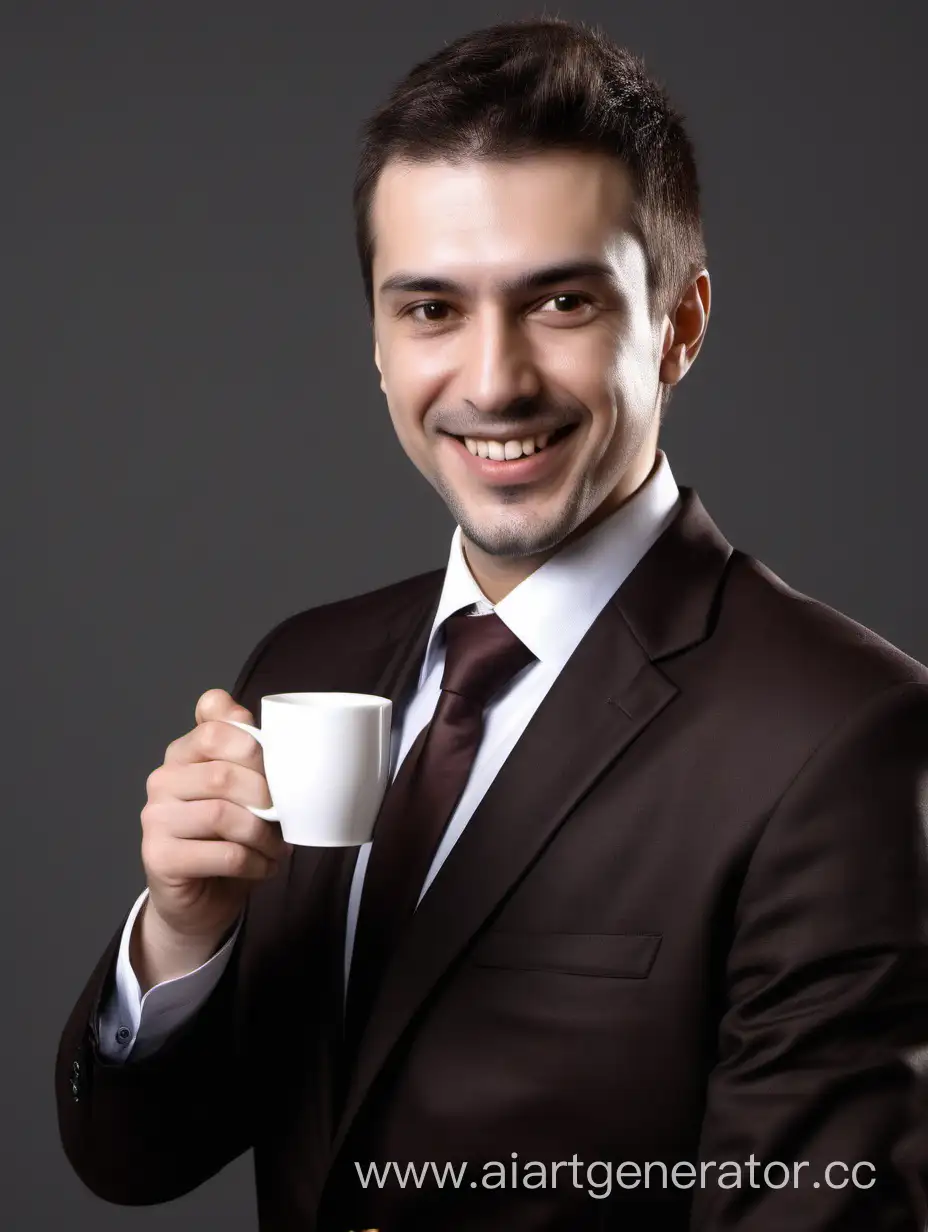 бизнес-мен держит чашку кофе и улыбается