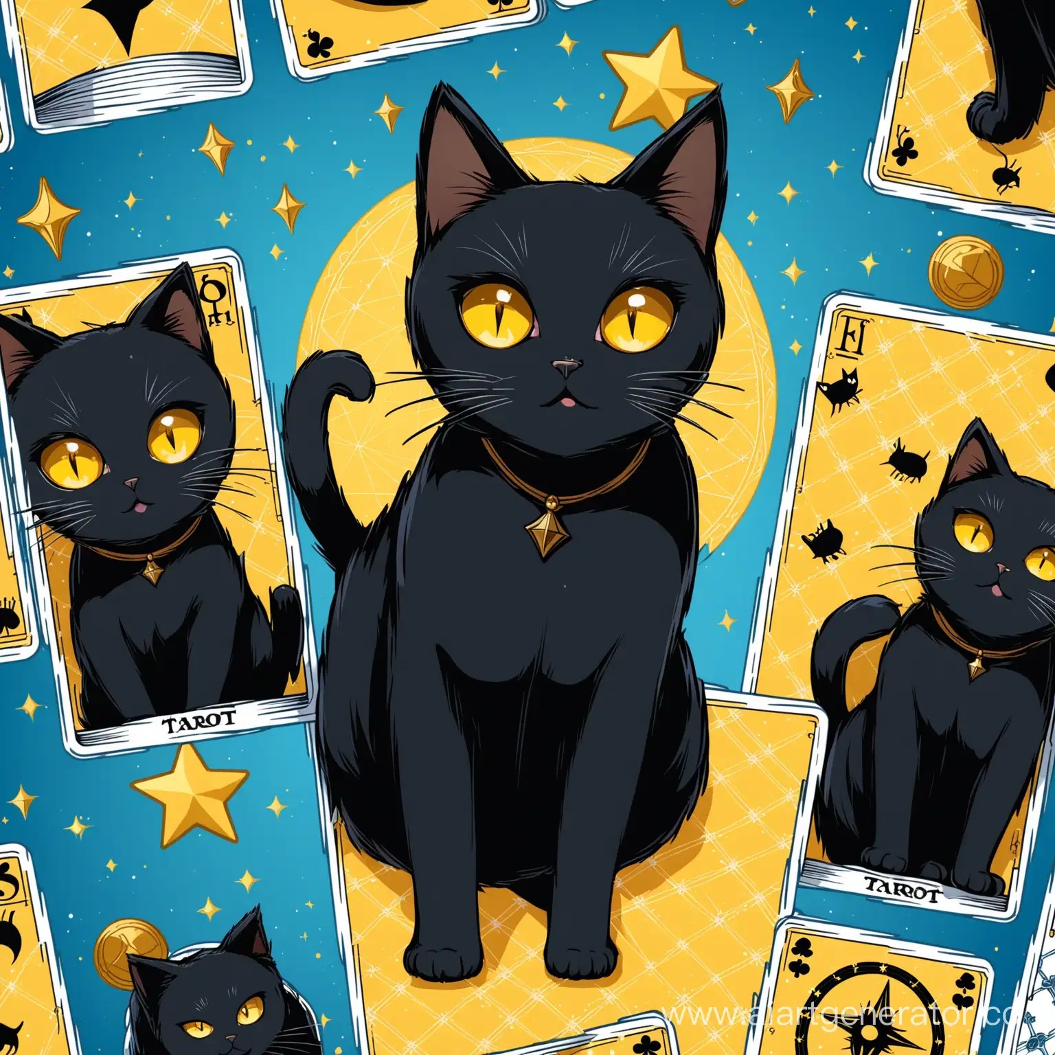 Mysterious-Black-Cats-with-Yellow-Eyes-Among-Tarot-Cards-on-Blue-Background