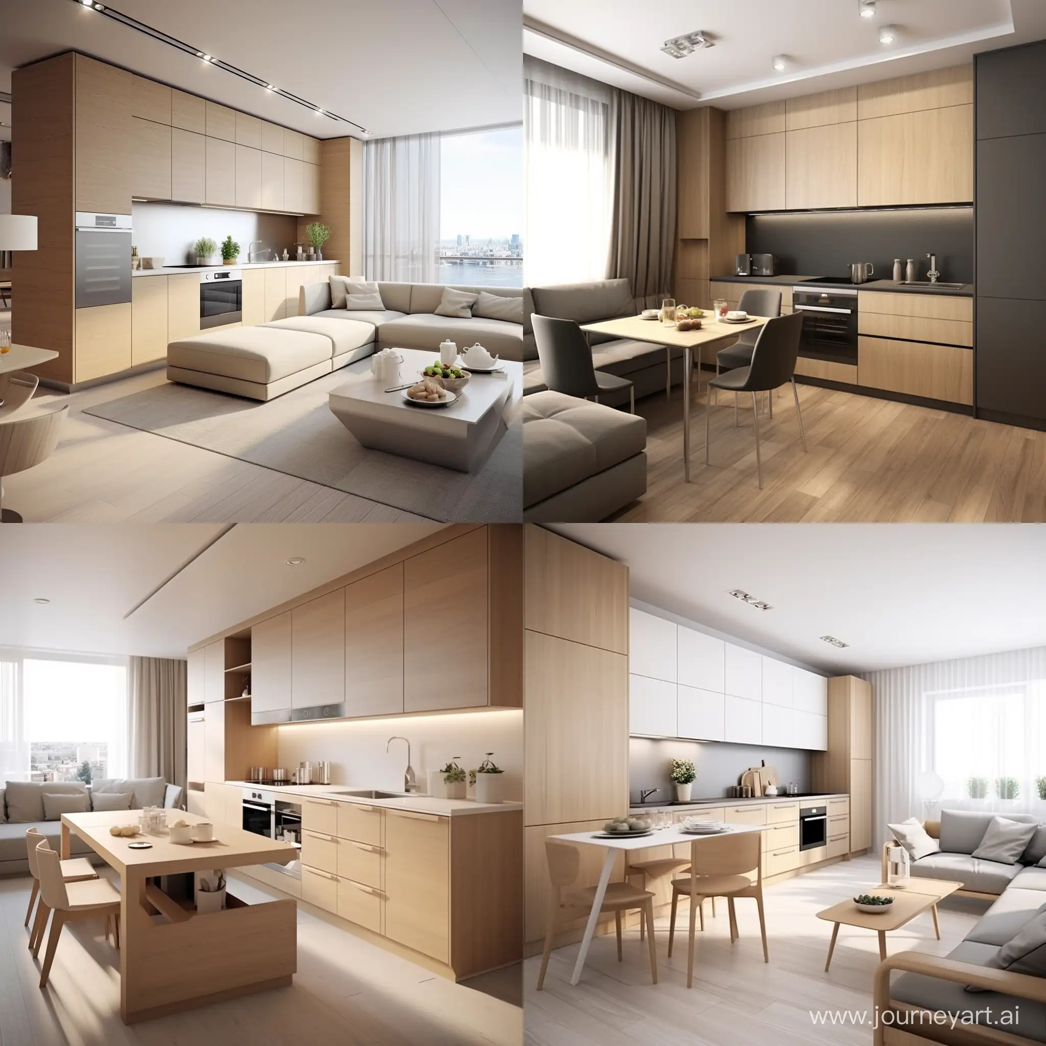 minimalist kitchen-living room with a panoramic window, kitchen furniture in oak veneer, stands in a niche, corner, starts from the left with a built-in refrigerator height to the ceiling width of 60 cm, further stands oven and microwave in a pencil case width of 60 cm and the height of the refrigerator, all cabinets are closed, at the end of the kitchen furniture there is a dining table and 4 upholstered chairs, there is a sofa with low armrests to the side of the kitchen furniture and back to the dining table, opposite the sofa there is a 65 inch TV set on the wall, a long narrow chest of drawers by the wall


