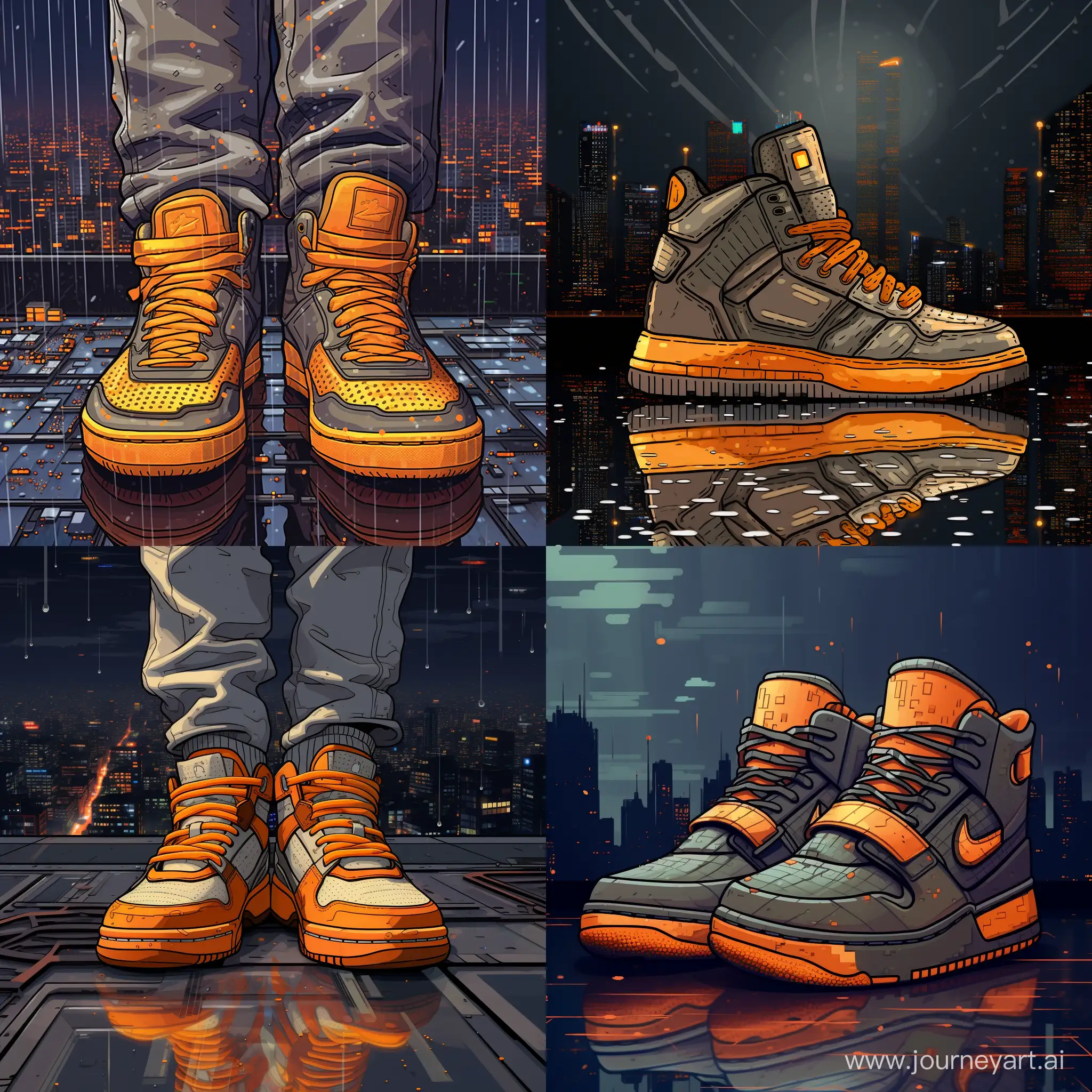 Glowing-Pixel-Art-Sneakers-in-Vibrant-Orange-and-Yellow-Amidst-a-Gray-Urban-Rain