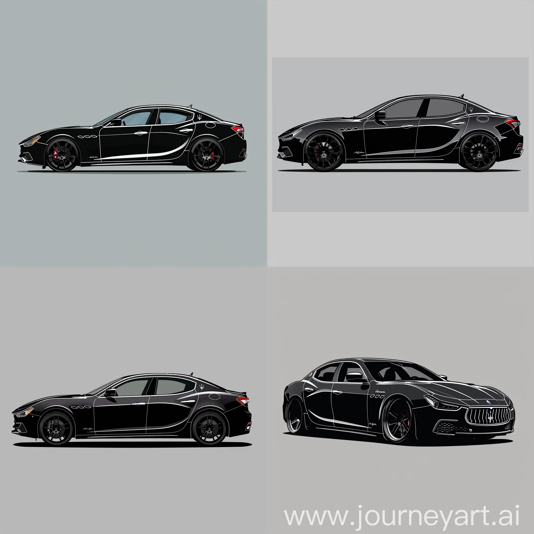 Minimalism 2D Illustration Car of 2/3 View, Maserati ghibli : Black Body Color, Simple Gray Background, Adobe Illustrator Software, High Quality 
