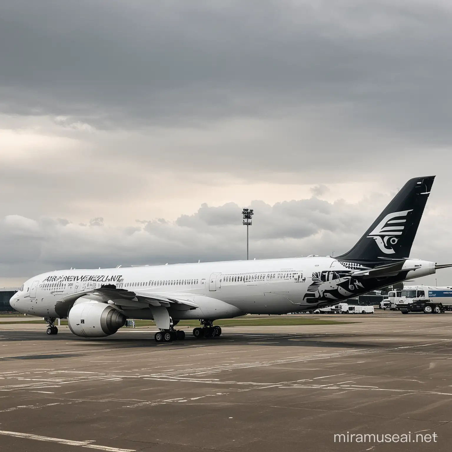 Air New Zealand plane parked at the vaclav havel airport in prague, czechia