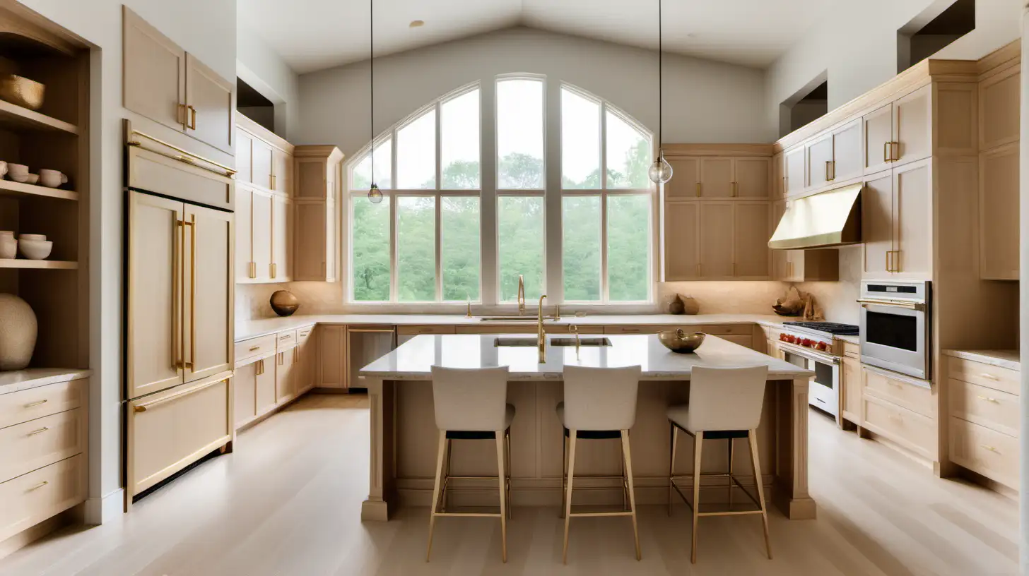 Grand Minimalist estate home open kitchen with Blonde oak cabinets; beige, ivory, brass; high ceilings