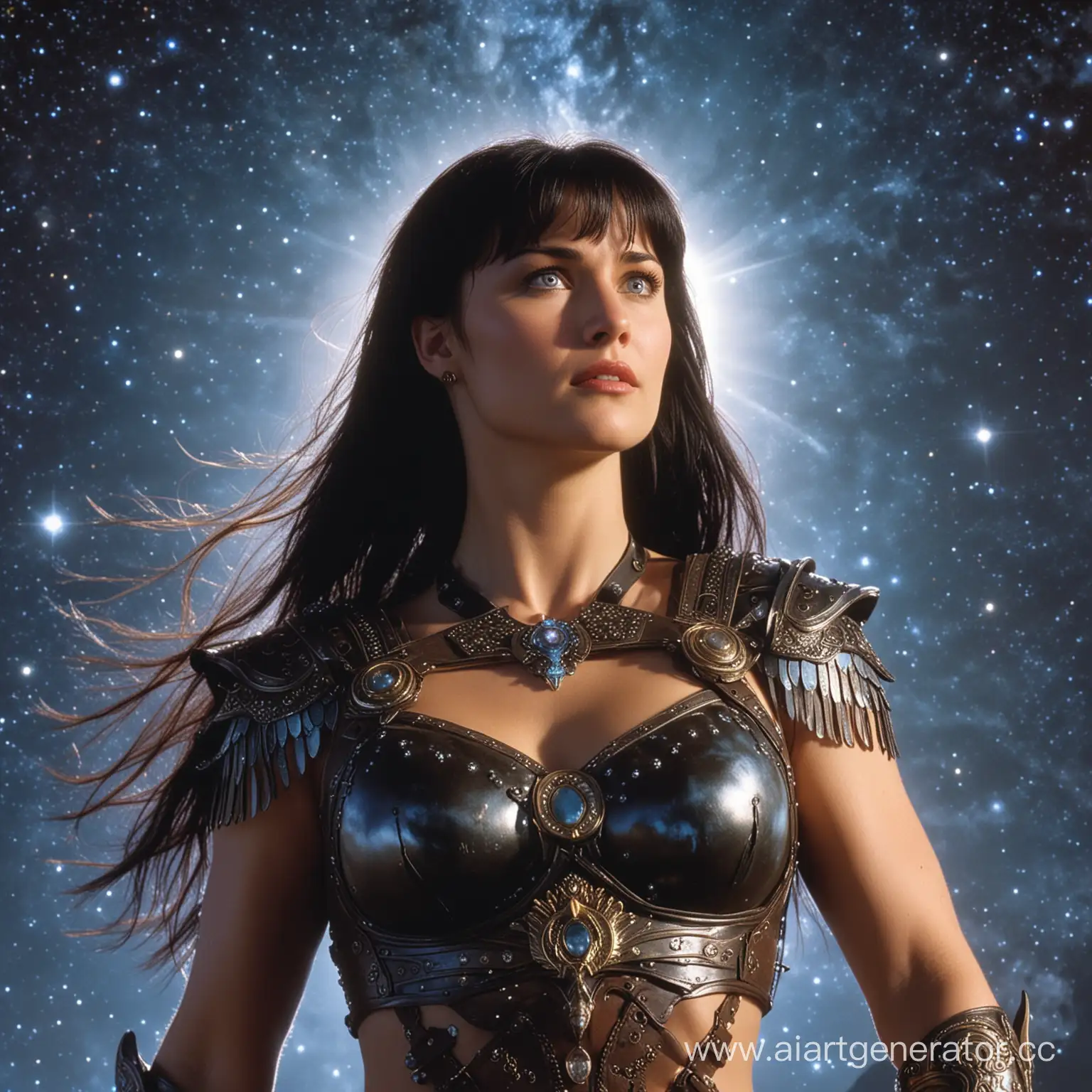 Xena Warrior Princess looks at the Birth of Liquid Pleiades, Saturn in the sky