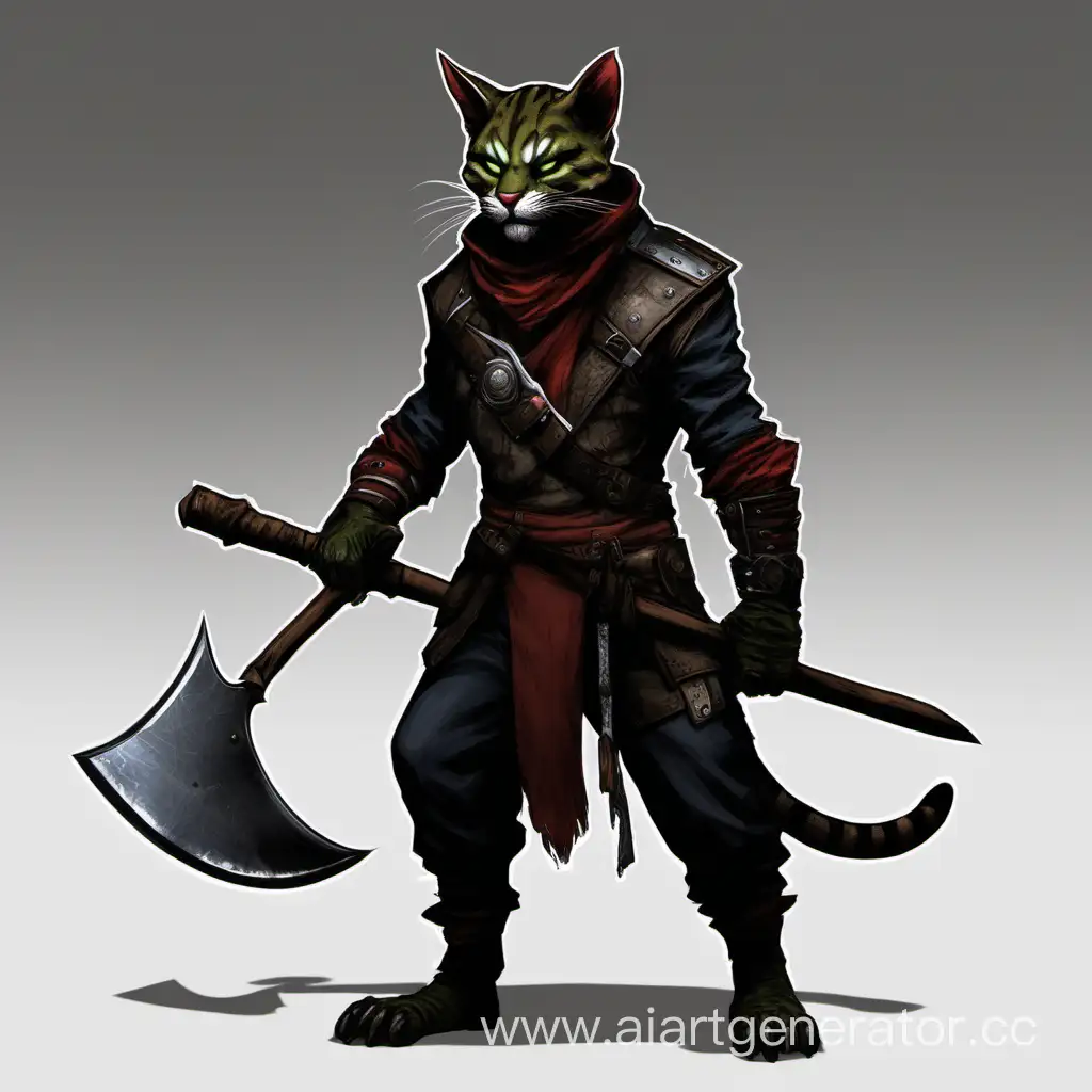 Tabaxi rogue with a hatchet in his hands in full height