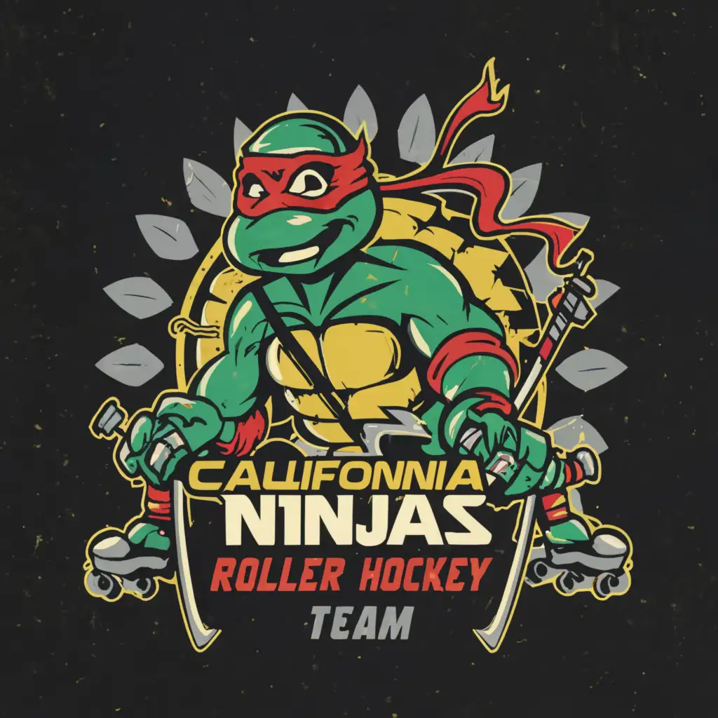 a logo design,with the text 'California Slice Ninjas', main symbol:Logo Concept:
The logo features a cool and retro design inspired by the 80s and 90s aesthetic. At the center of the logo is a ninja turtle holding a hockey stick, ready to play. The turtle is wearing roller skates and a hockey helmet, showcasing the team's roller hockey focus. In the background, there's a slice of pizza, representing your love for pizza and adding a fun and playful element to the design. Surrounding the turtle are elements inspired by Southern California, such as palm trees, sunshine, and waves, reflecting the team's local roots. The team name 'California Slice Ninjas' is displayed in bold, vibrant letters above the logo, capturing the team's spirit of adventure, camaraderie, and love for roller hockey and all things 80s and 90s. 
