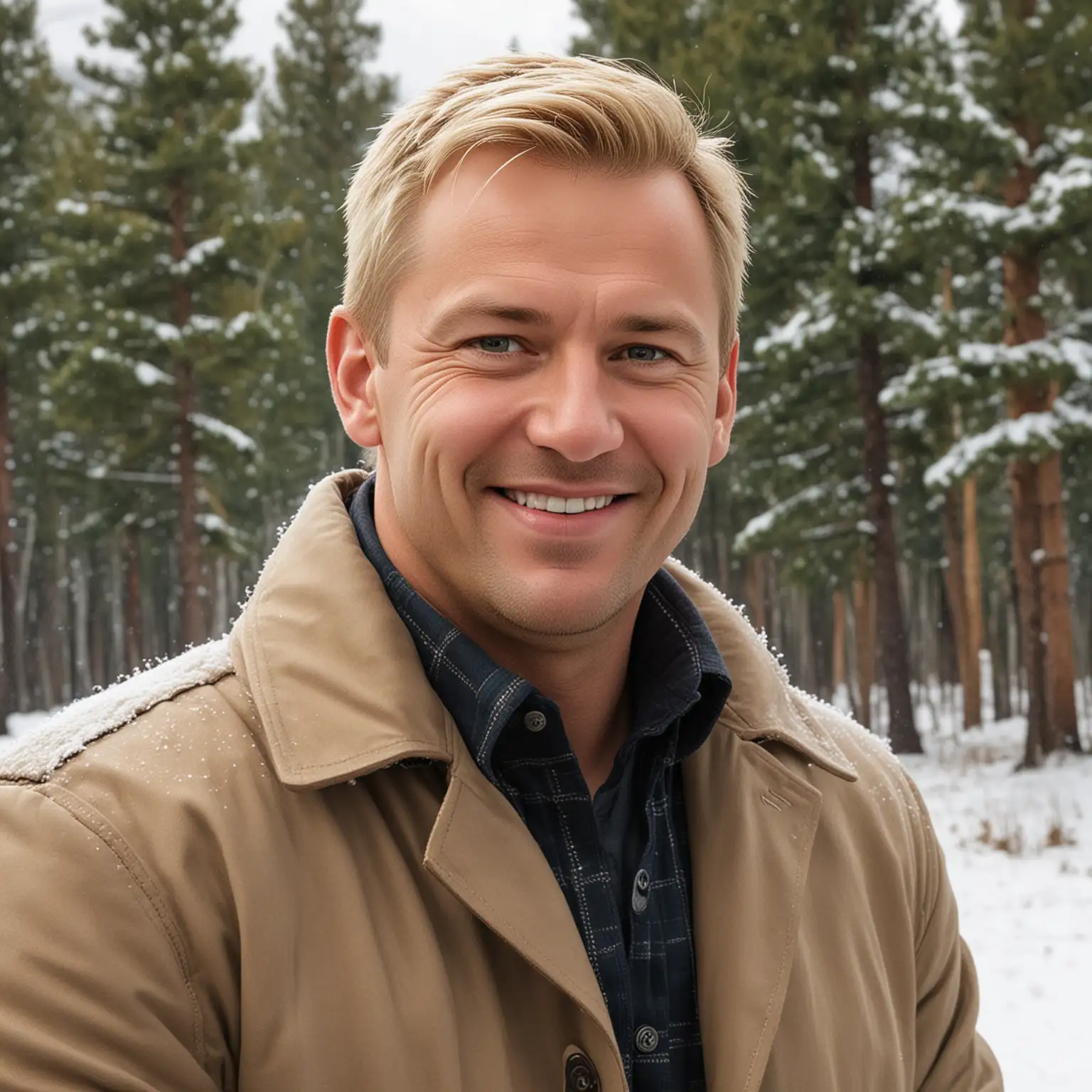 Show me a photo-realistic 49-year-old blond male of Scottish, English, German, and Norwegian descent with short hair on top, buzzed hair on the sides, and really dark brown eyes. He is moderately overweight. He has a full face with a receding hairline and is smiling slightly. He is outside wearing a coat in the wintertime, sitting on a park bench with snow-covered pine trees and mountains in the background.