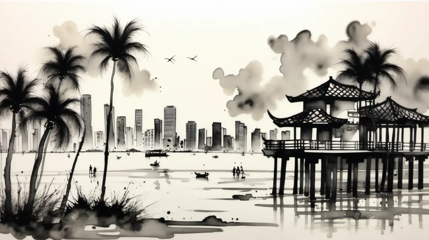 Miami Beach Water Ink Traditional Chinese Ink Painting of Tropical Shoreline