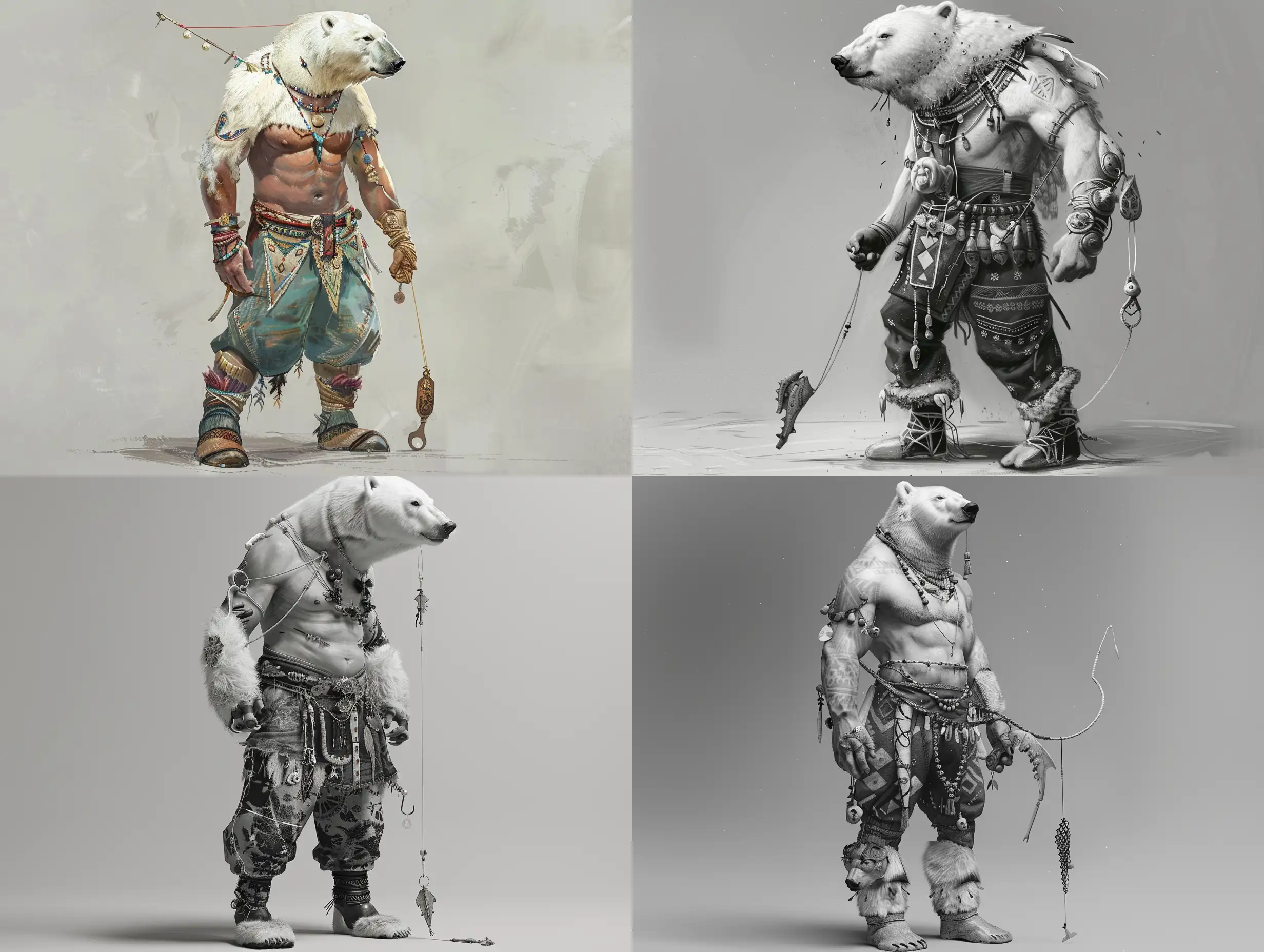 I need to generate a older demigod. His head is that of a polar bear but a human body. He is a lean but strong figure. He is an amputee missing his right arm. He wears traditional Inuit pants and boots with lots of traditional details and charms, with a shaman aesthetic. He carries a string with a hand-carved fish-hook on it. There is an intensity and a confidence in his posture.