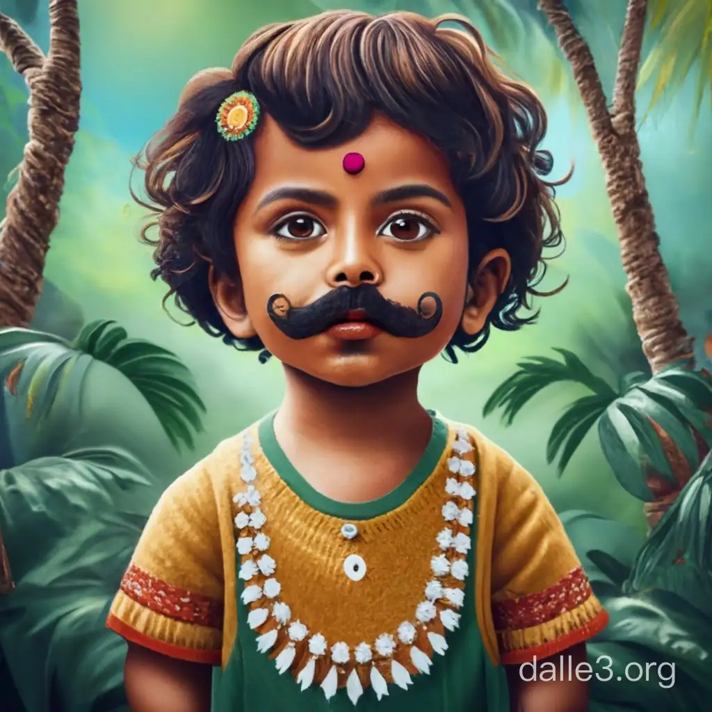 A photo-realistic Symmetrical portrait of a 4-year-old India man. Slightly heart-shaped face shape. Long-lashed Golden brown eyes. Square Back Cranberry hair. Zappa mustache. South Asian nose. Lips sealed. wearing Crochet Dress, Sequin Headband. Tropical Rainforest background. Rule of thirds quality. 