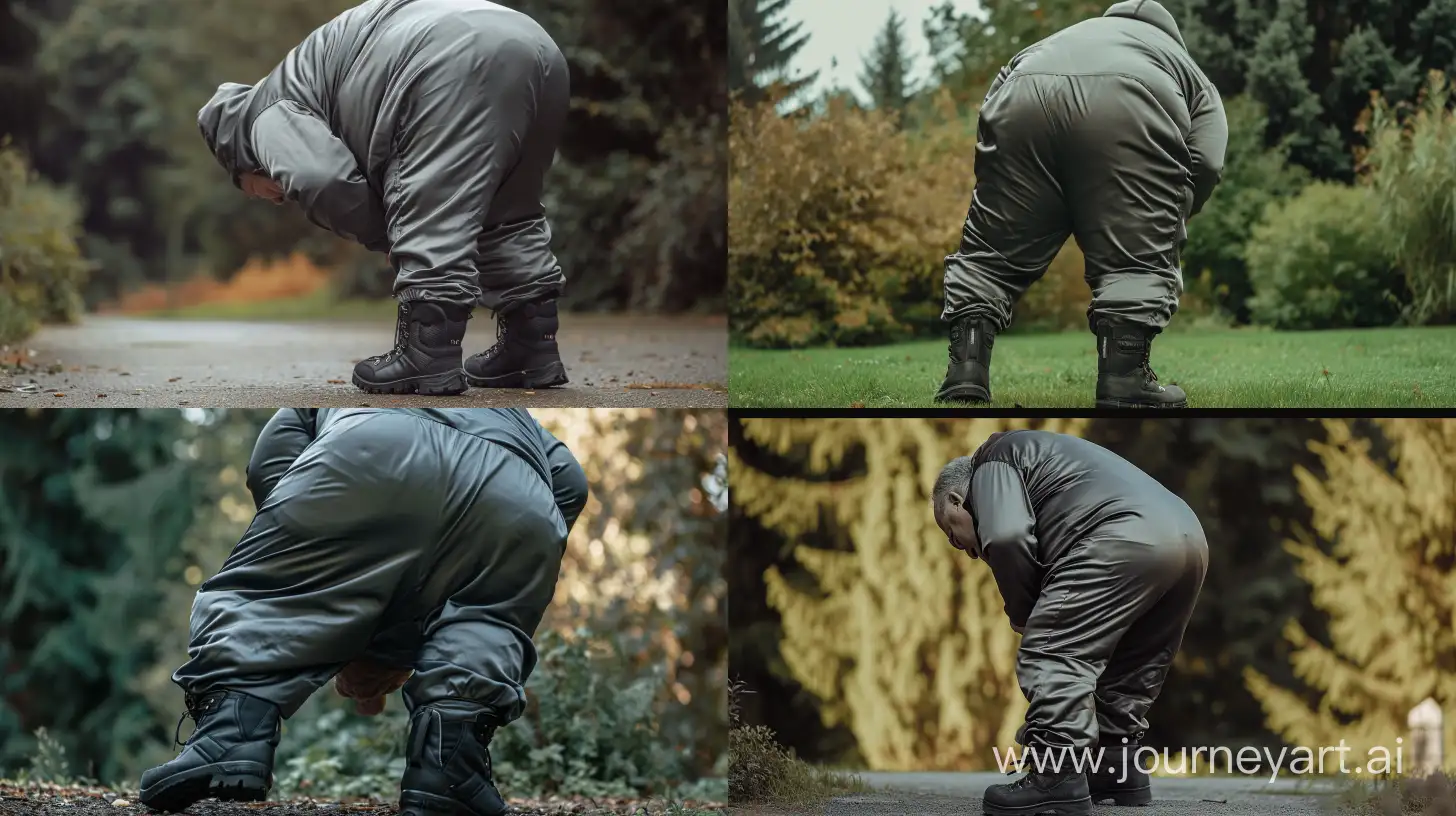 Cinematographic style back view photo of a chubby man aged 70 wearing a silk dark grey tracksuit. Black Hiking Boots. He is bending over. Outside. --style raw --ar 16:9 --v 6