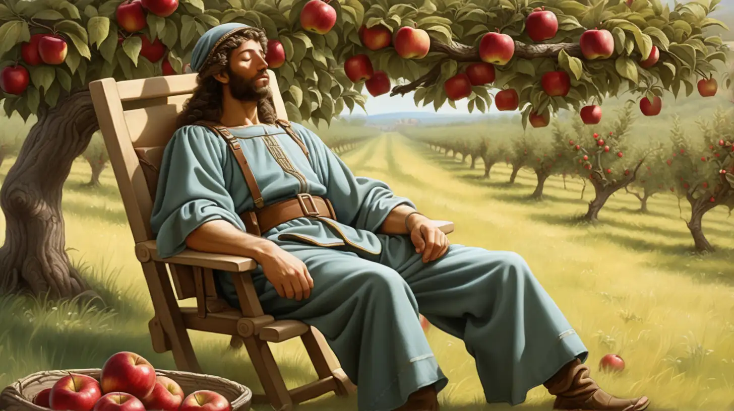 epoque biblique, un garde forestier hébreu endormi assis sur une chaise, en fond un verger de pommiers avec des pommes rouges sur les arbres, plein été