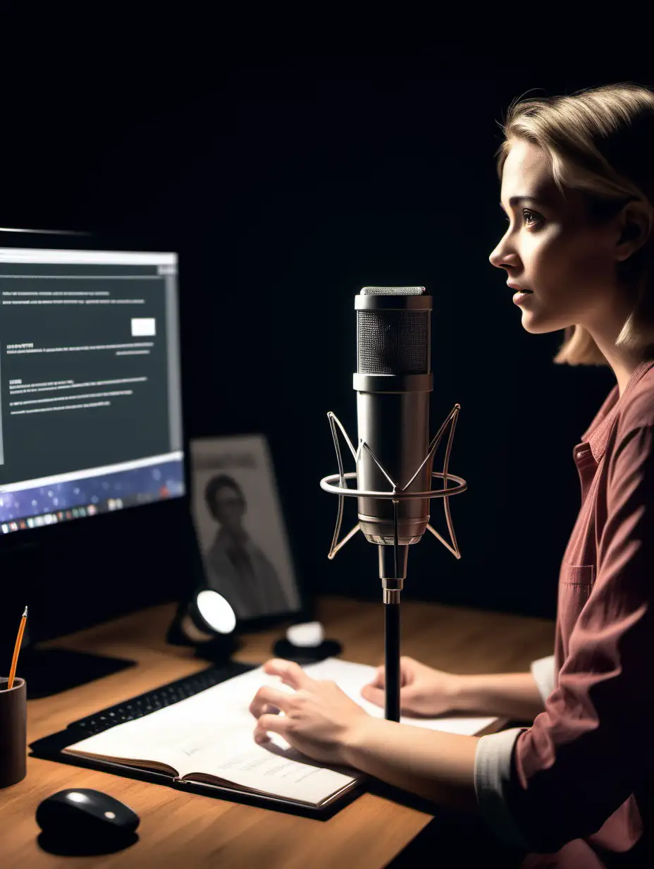  professional voice actor in a home studio booth, speaking into a high-quality microphone. They appear engaged and expressive, as if articulating a complex e-learning topic. A visible script or tablet displays educational content, emphasizing the context of their work.

Background: Behind the voice actor, there could be educational symbols or icons subtly integrated into the scene. These could include representations of various subjects (like science, literature, and technology), hinting at the diverse range of e-learning topics covered.

Mood and Lighting: The lighting is soft yet focused, highlighting the actor and their equipment. The atmosphere should be calm and studious, suggesting a conducive environment for creating educational content.